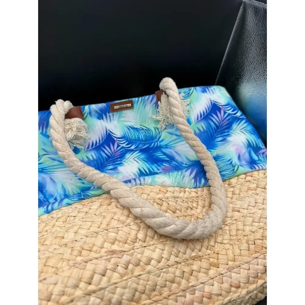 HEAT Swimwear Blue Palm Leaf Straw Beach Tote Bag Rope Handles Large Zip Top